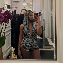 Ingvn - Sequin Mini Black Dress Sexy Club Party Bodycon Fashion Evening Dresses Women 2023 Summer Clothing Elegant Luxury Hoodie Dresses
