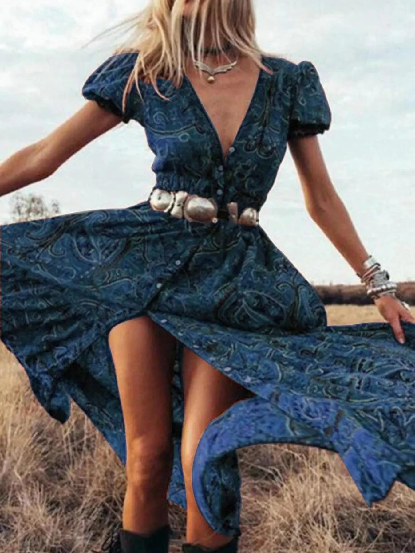 Full Size Printed Puff Sleeve Maxi Dress Plus Size