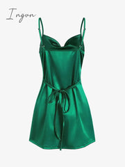 Ingvn - Women's Sexy Satin Dress Spaghetti Strap Slips Nightwear Side Slit Cocktail Party Silk Mini Dresses