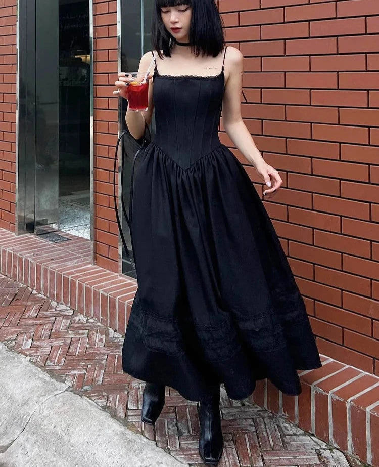 Casual Solid Lace Trim A-Line Long Dress Slim Slash Neck Sleeveless Maxi Dresses For Women Summer Fashion Ladies