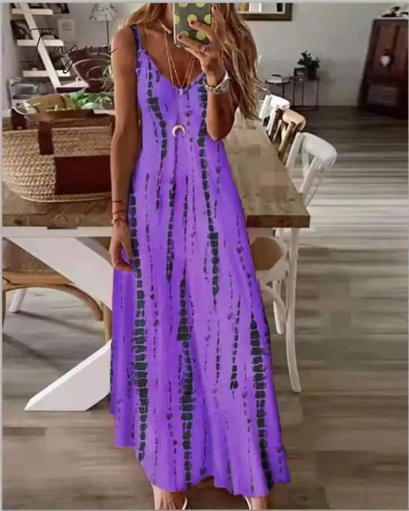Ingvn - Selling New High Street Tie Dye Dress Sexy Spaghetti Strap V Neck Long Dresses Women Summer Beach Dresses Party Tunic Plus Size 5XL