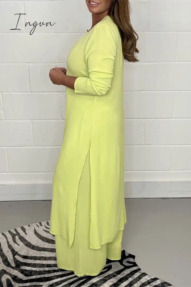 Ingvn - Casual Simplicity Solid Slit V Neck Long Sleeve Two Pieces(6 Colors)