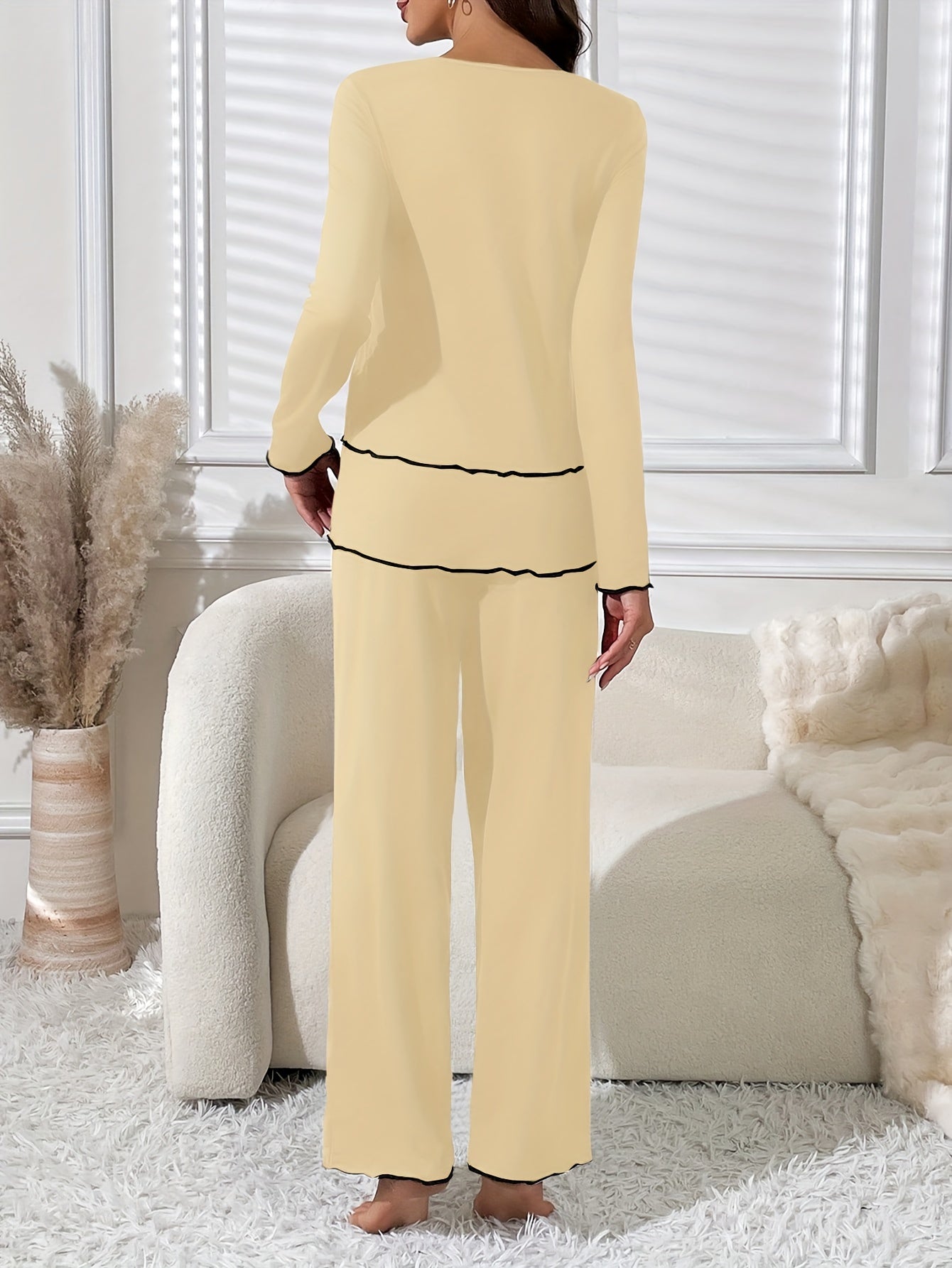 Long Sleeve Round Neck Womens Pajama Set - Soft Mid-Elasticity Polyester Knit Fabric, Comfortable Relaxed Fit, Machine Washable, Perfect for Fall and Winter Seasons