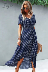 Ingvn - Polka Dot Ruffle Hem V-Neck Short Sleeve Midi Dress