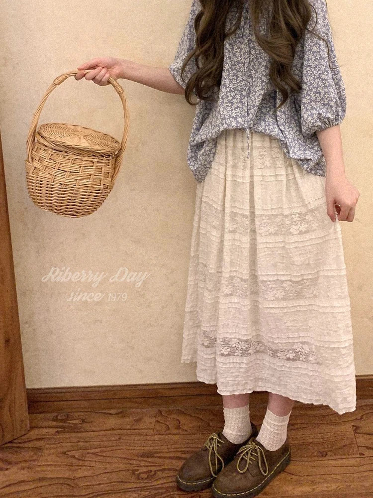 Thin Lace Half Skirt Women Summer Long Skirts Japanese Style Vintage Cake Skirts for Women Korean Fashion Faldas Largas