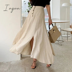 Ingvn - New Vintage Elastic Waist Buttons Irregular Chic Cotton and Linen Split Spring Summer Women's Long Skirts SK8560