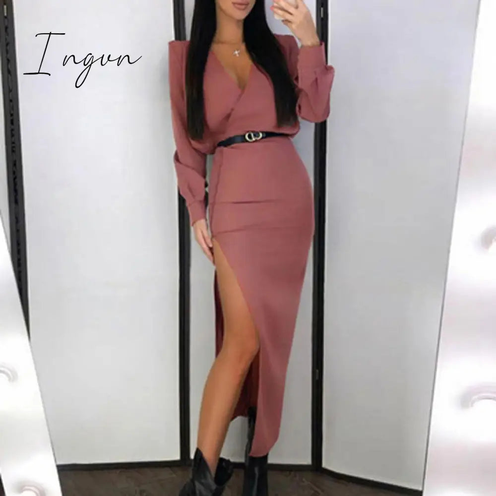Ingvn - Elegant Slit Sexy Party Evening Maxi Dresses Long Sleeve White Bodycon Long Dress for Women Spring Autumn V Neck Boho Dress