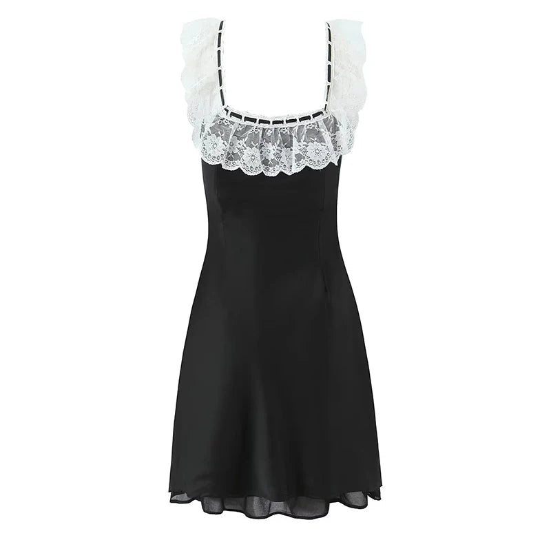Romantic Girl Lace Spliced Sexy Off Shoulder Dress Women Short Sleeve Slim A-line Mini Dresses Summer Robe