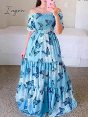 Ingvn - Women's 2023 Butterfly Summer Dress Tube Top Short Sleeve Ruffle Hem A Line Date Night Robes Vacation Bohemian Maxi Dresses XXXL