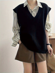 Solid V Neck Knitted Vest, Casual Sleeveless Loose Sweater Vest, Women's Clothing