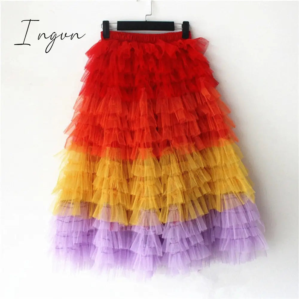 Ingvn - jupe femme Spring Party Skirt Elastic High Waist Long Tulle Skirt Women Multilayer ruffles Pink Mesh Tutu Skirt Ladies