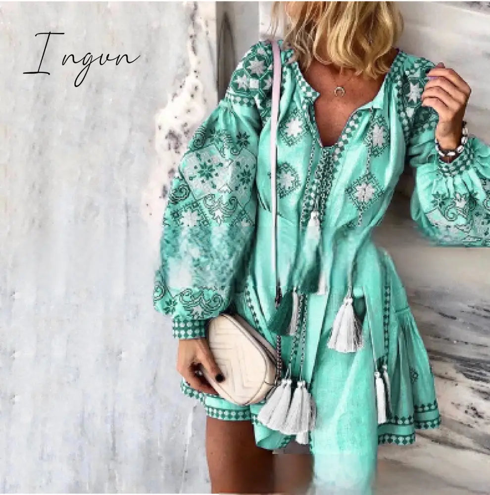 Ingvn - Tassel Sashes Mini Dresses Women Summer Autumn Sexy V-Neck Boho Dress New Bohemian Floral Printed Beach Dress Vestidos