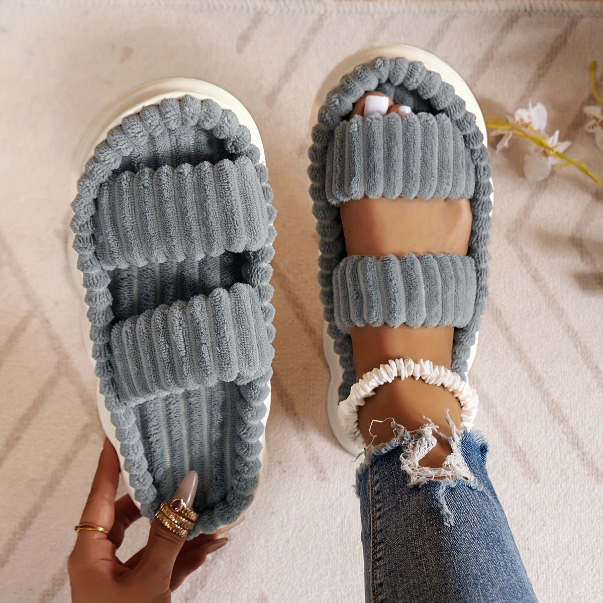 Ultimate Comfort Womens Plush Slippers - Luxurious Platform, Two-Band Open Toe Design, Cloud Soft Sole, Ultra-Fuzzy - Perfect Indoor Sanctuary Slippers for Home