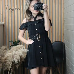 Ingvn - Korean OL New Single Breasted Women Summer Dress Sweet Chic Black office work Short mini Dresses With Belt Vestidos jurken