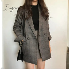 Ingvn - Colorfaith New Winter Spring Women's Blazers Plaid Double Breasted Pockets Formal Jackets Checkered Outerwear Tops JK7113