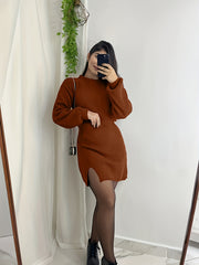 Elegant Crew Neck Long Sleeve Sweater Dress - 100% Polyester Knit Fabric Solid Color Tunic for Women, Perfect for Spring/Fall - No Belt Details
