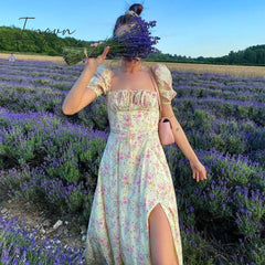 Ingvn - Summer Dress Women Short Puff Sleeve Flroal Printed Ruched Party High Split Long Maxi Dresses Drawstring Sexy Vestidos Sundress