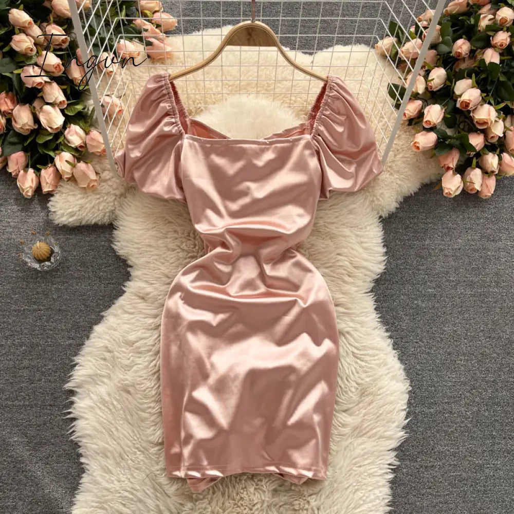 Ingvn - Ins Fashion Sexy Mini Bandage Dress Women Summer Slim Ruched Club Dress Sheath Off Shoulder Pink White Dress