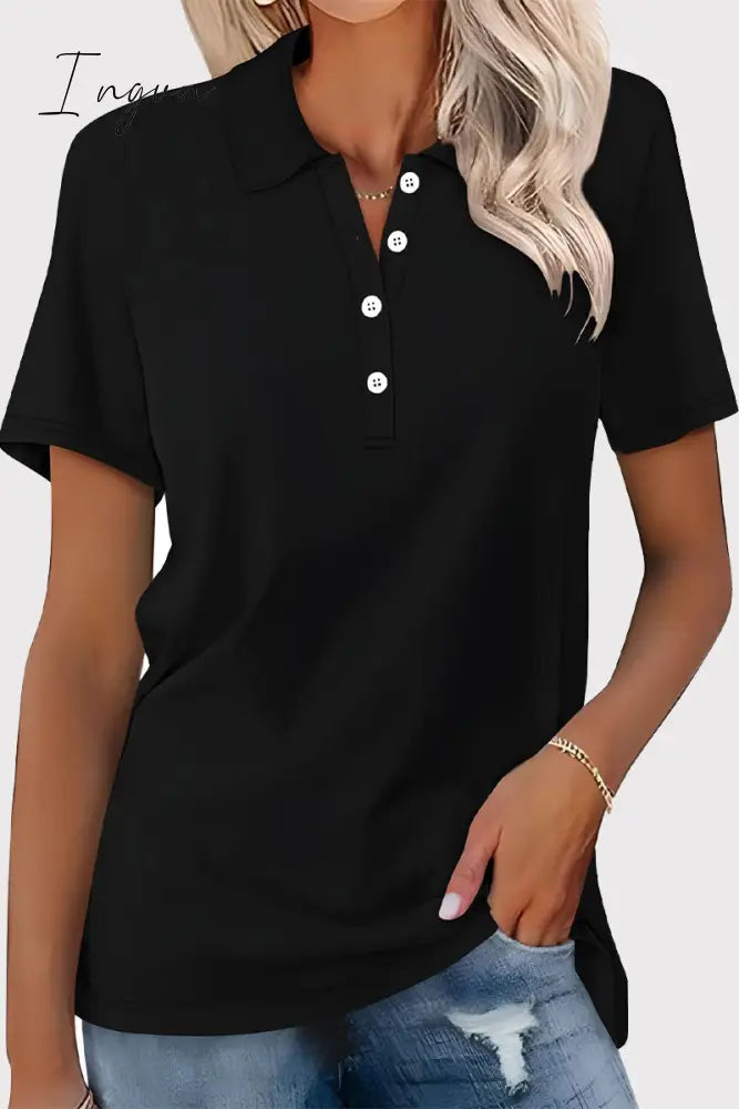 Ingvn - Casual Simplicity Solid Buckle Turndown Collar T-Shirts