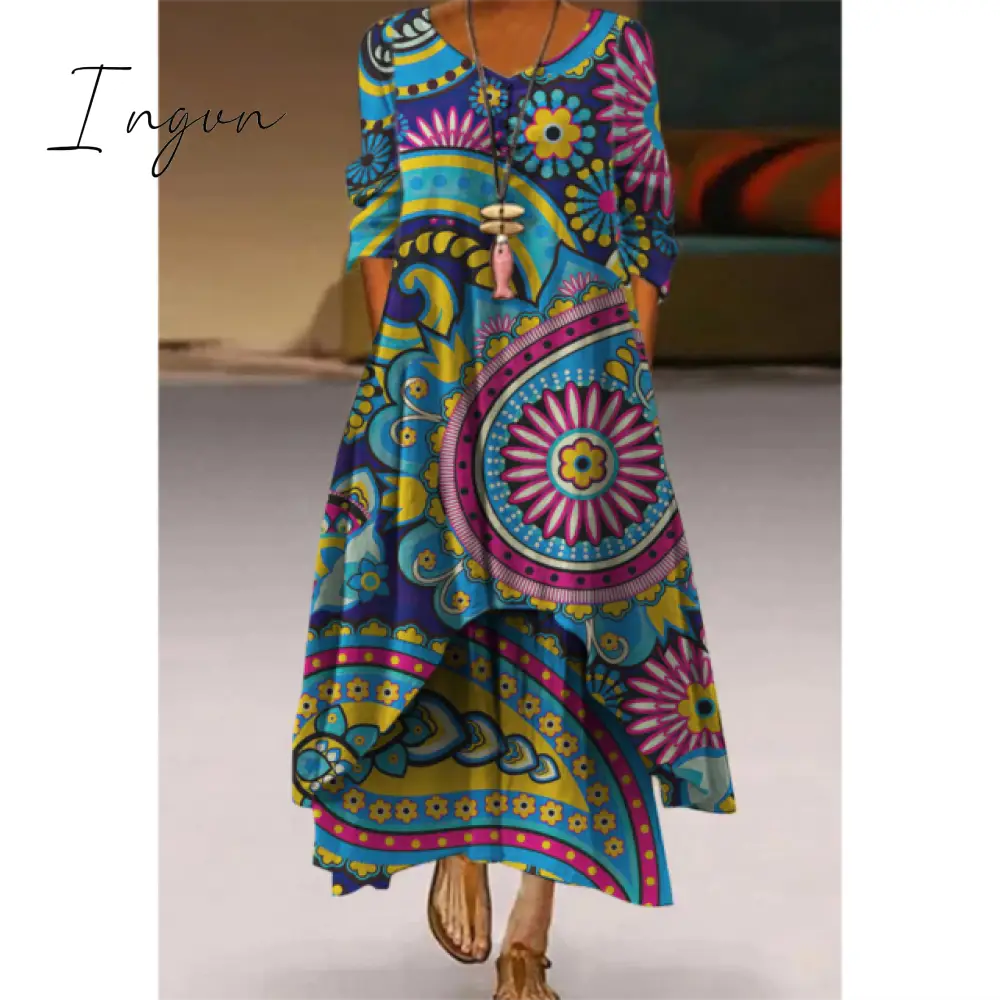 Ingvn - Fashion Summer Maxi Dress Women's Printed Sundress Casual Short Sleeve Vestidos Female High Waist Robe Femme midi elbise