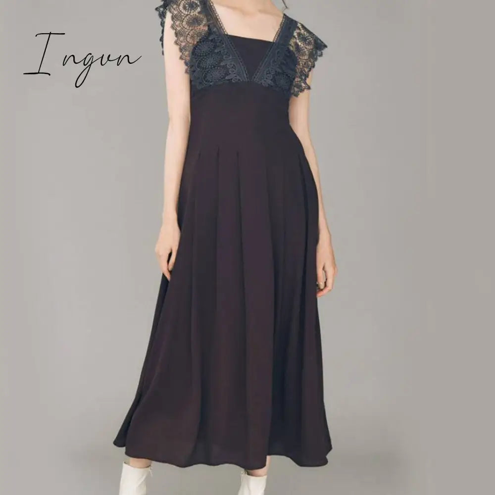 Ingvn - Hot Sales Lace Ruffle Long Dress Patchwork Elegant Vintage High Waist Sleeveless Lace Dot Dresses Woman Summer Sweet Dress New