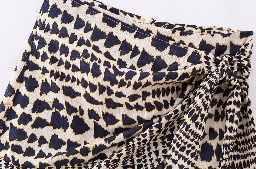 Women Fashion With Beaded Print Wrap Mini Skirt Vintage High Waist Back Zipper Female Skirts Mujer
