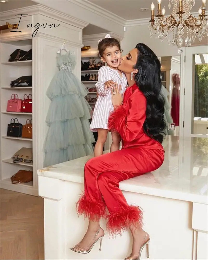 Ingvn - Trendy Women Pajamas Set Autumn Casual Lapel Tops + Feather Pants Suits Sexy Lingerie Nightwear Silk Satin Pyjamas pjs Suit 2Pcs
