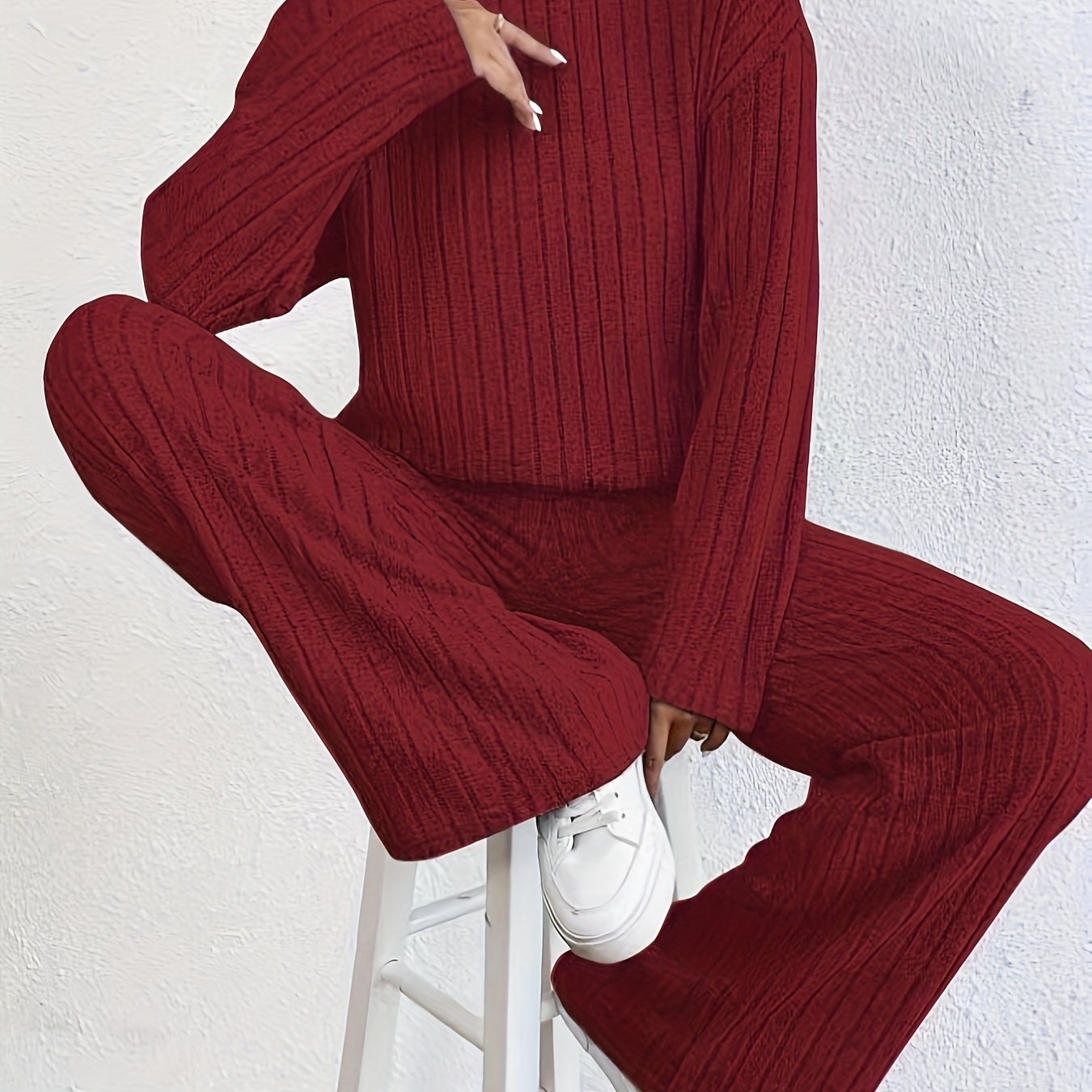 Solid Ribbed Two-piece Set, Casual Mock Neck T-shirt & Wide Leg Pants Outfits, Women's Clothing