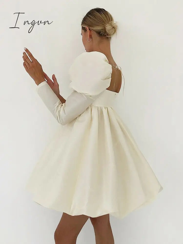 Ingvn - New Fashion Puff Sleeves Woman Party Dress Evening Chic Square Collar Ball Gown Dress Short Beige Satin Dresses Pleated Ladies