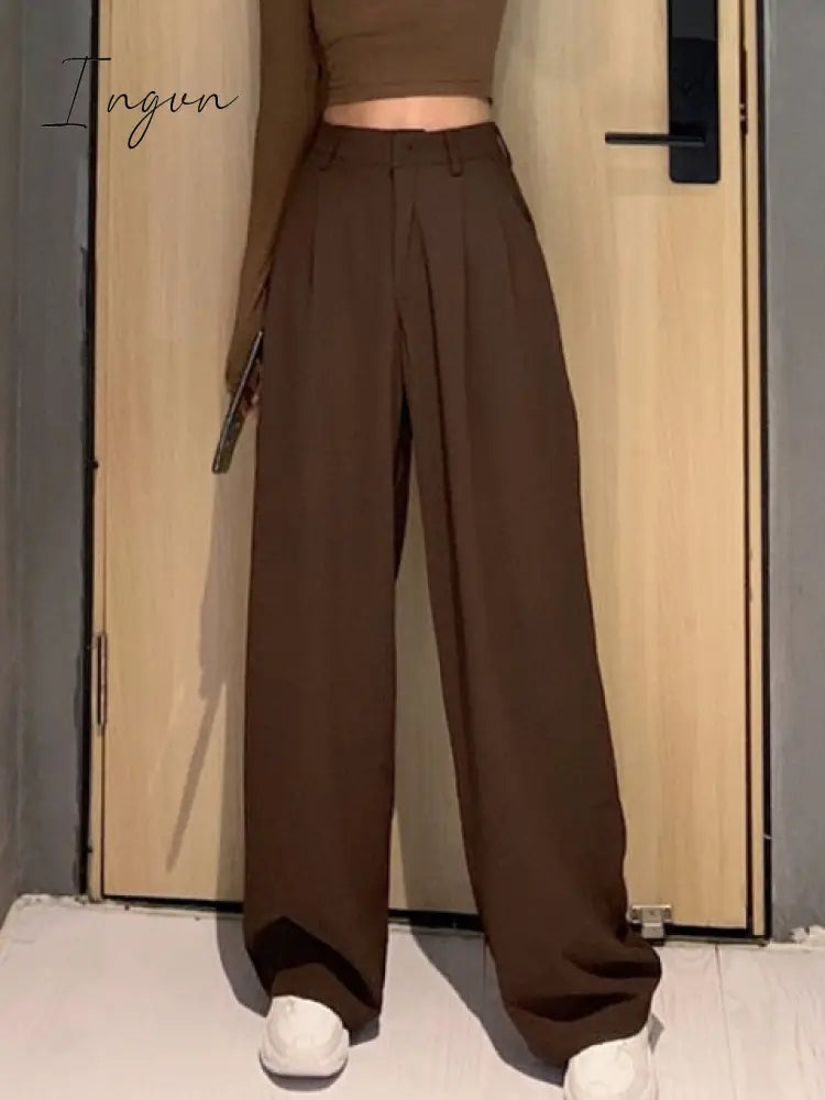 Ingvn - Retro Solid Color Wild Straight Wide Leg Pants Female Spring New Korean Fashion High Waist Casual Long Pants