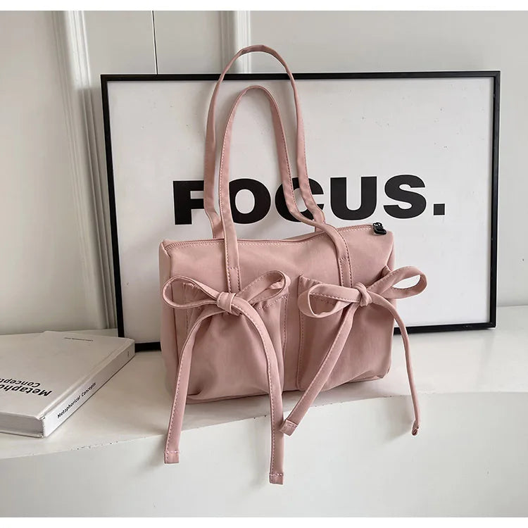 Ingvn  Japanese Ins Style Shoulder Bag For Commuter Lightful Zipper Nylon Tote Bag Female Casual Large Capacity Bow Bag
