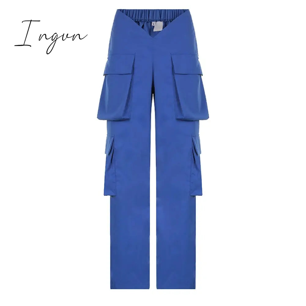 Ingvn - Vintage Y2k Cargo Pants Women Elastic High Waist Big Pockets Baggy Casual Capris Aesthetic Autumn Jogger Sweatpants