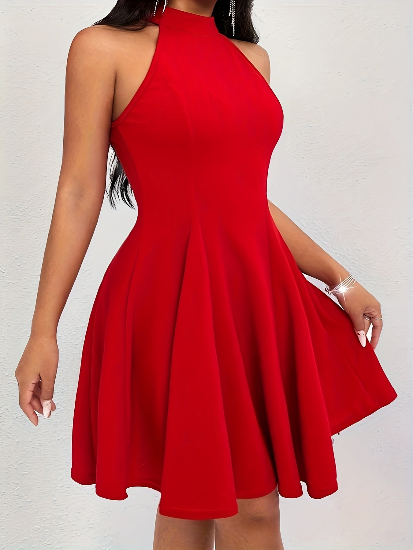 Solid Halter Neck Waist Swing Dress, Elegant Sleeveless Slim Dress, Women's Clothing