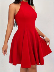 Solid Halter Neck Waist Swing Dress, Elegant Sleeveless Slim Dress, Women's Clothing