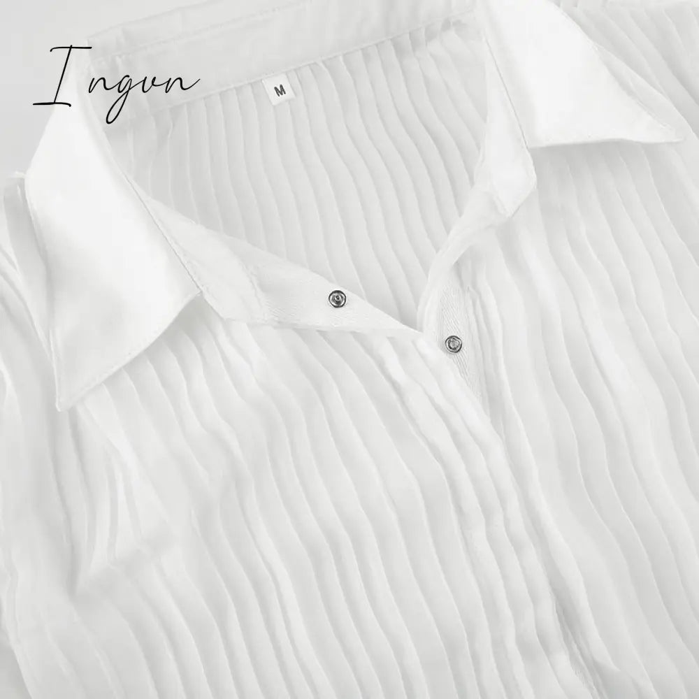 Ingvn - Hot Sell Vintage White Folds Cute Y2K Shirts Women Elegant Fashion Flared Sleeve Button Tops See Through Sexy Mesh Girl Tees