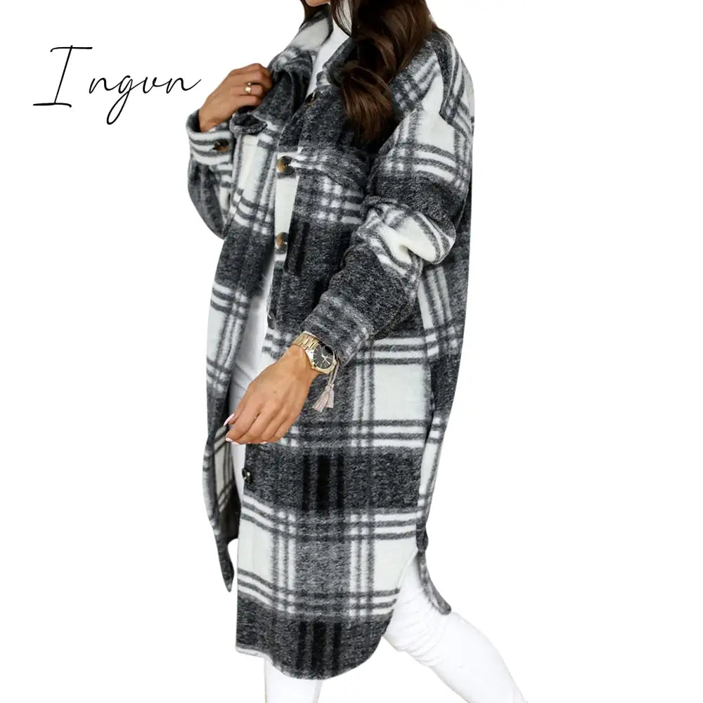 Ingvn - Lapel Single-breasted Double-pocket Plaid Coat
