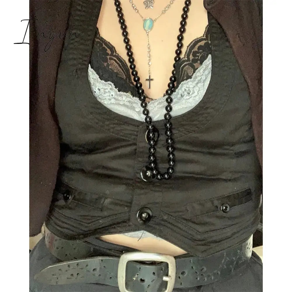 Ingvn - y2k Button Corset Top Black Sleeveless Tank Tops Skinny V Neck Aesthetic Punk Crop Top Grunge Fairycore Women Vests