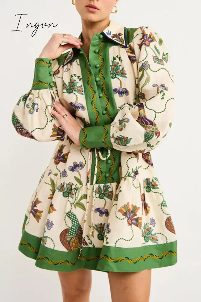 Ingvn - Casual Floral Patchwork Turndown Collar Printed Dress Dresses