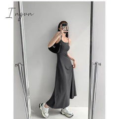 Ingvn - 2023 Summer Grey Dress Womens Straps Dress Sleeveless Sexy Korean Fashion Black Suspender Simple Temperament Mom Long Dresses