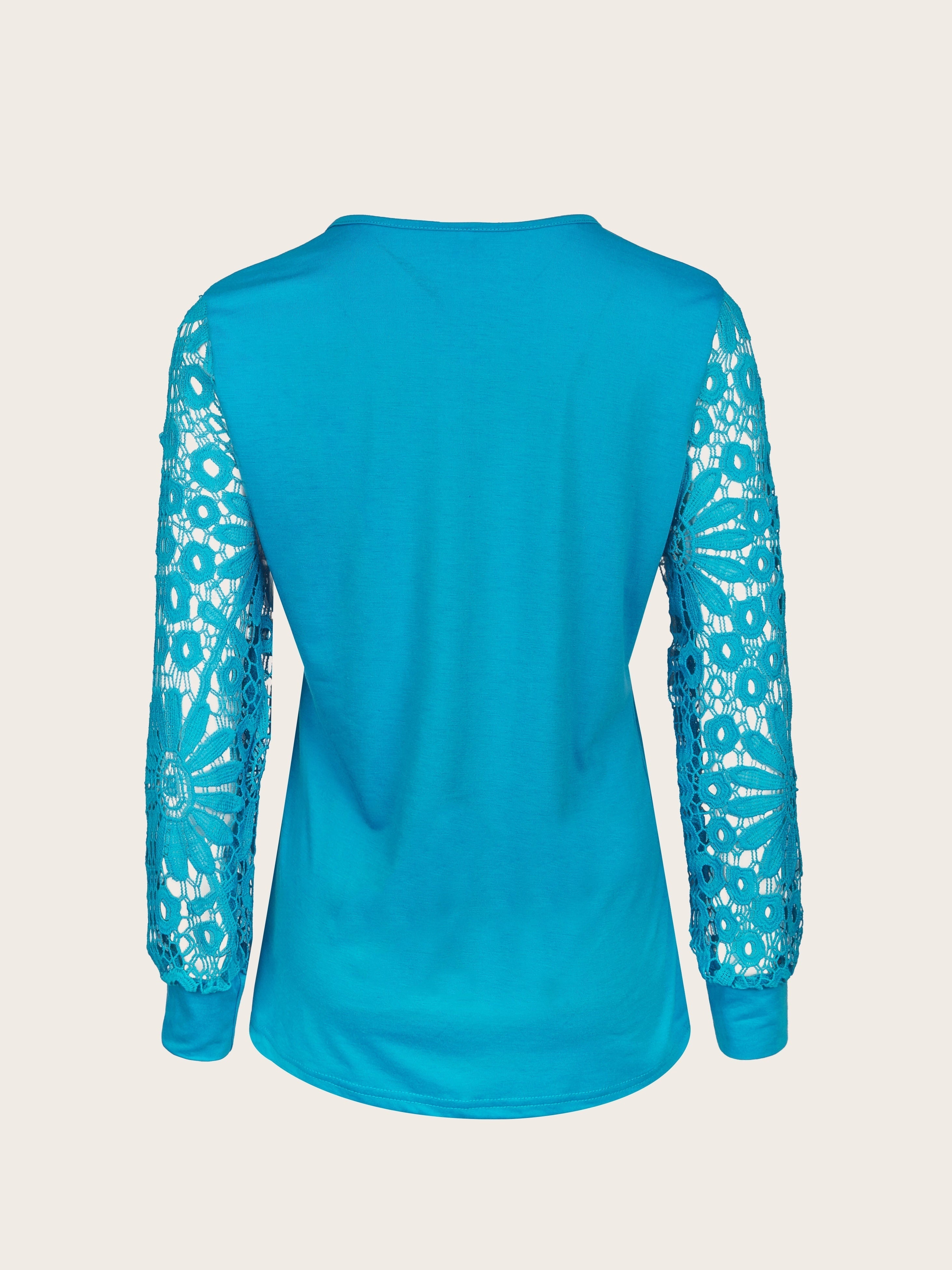 Vibrant Lace Accent Pleated Front Long Sleeve T-Shirt - Chic Button V Neck, Casual Everyday Wear, Soft Fabric, Flattering Fit, Women's Stylish Clothing for Daily Life