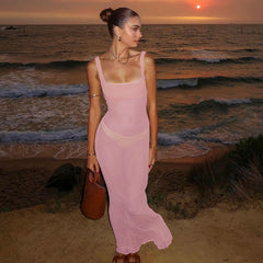 women's clothing summer new sexy hot girl solid color square neck mesh see-through slim long dress female