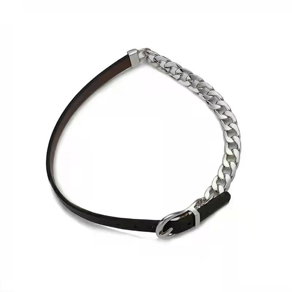 INGVN  Kpop Black Leather Choker Stainless Steel Cuban Clavicle Chain Collar For Women New Goth Ladies Jewelry Wholesale