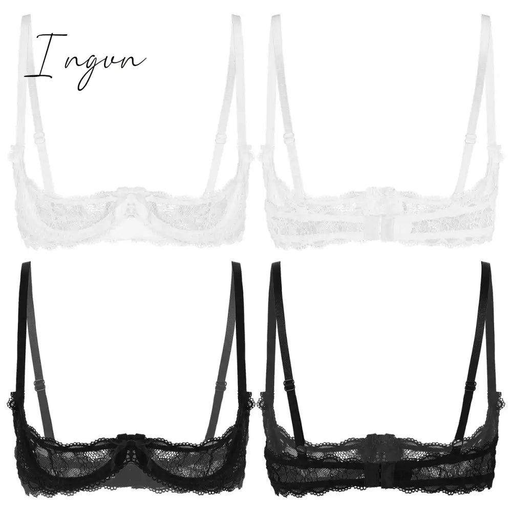 Ingvn - Women See Through Sheer Lace Hollow Out Lingerie Adjustable Spaghetti Shoulder Straps Open Cups Bra Push Up Underwire Bra Tops