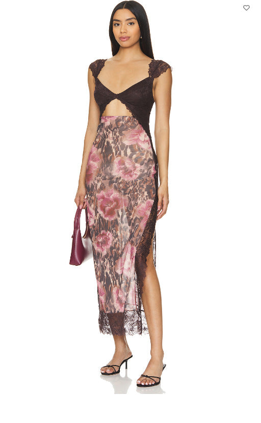 Summer New  Lace Backless Shoulder Strap Stitching Vented Color Long dress Women's Clothing