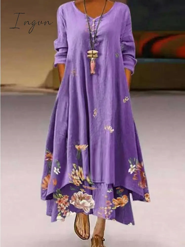 Ingvn - Women‘s Long Dress Maxi Dress White Yellow Pink Long Sleeve Floral Print Summer Spring Fall Crew Neck Summer Dress Regular Fit 2023 S M L XL XXL 3XL 4XL 5XL