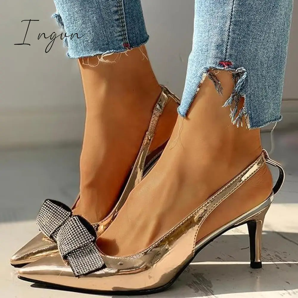 Ingvn - Pointed Toe Studded Bowknot Slingback Thin Heels