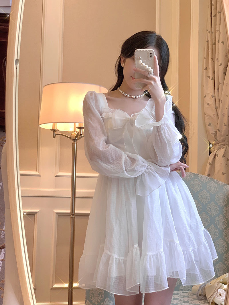 French Sweet Fairy Lolita Dress Women Long Sleeve Lace Y2k Mini Dress Vintage Kawaii Clothes One Piece Dress Korean Autumn spring