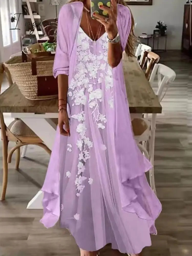 Ingvn - Women's Casual Dress Dress Set Two Piece Dress Long Dress Maxi Dress Purple Brown Green Half Sleeve Flower Print Summer Spring V Neck Fashion Vacation 2023 S M L XL XXL 3XL