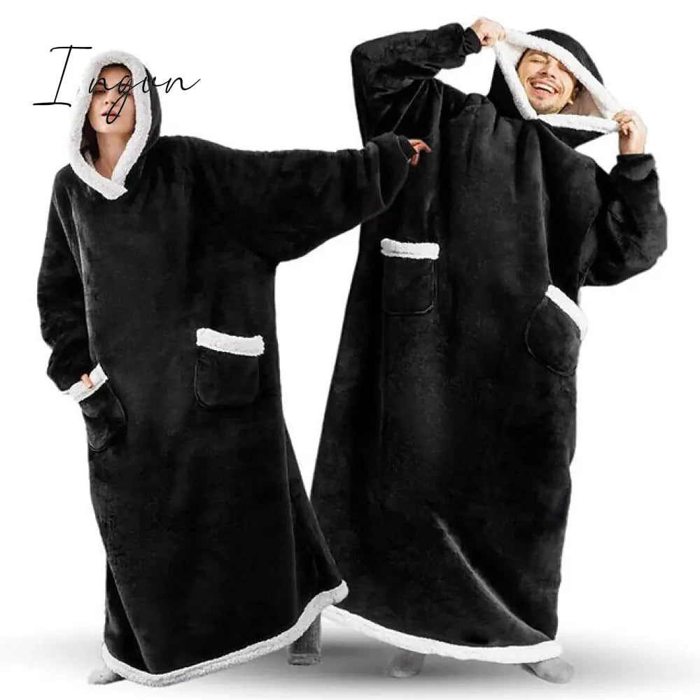 Ingvn - Oversized Wearable Blanket Flannel Thick Soft Warm Long Hoodie Blanket Big Hooded Sweatshirt Hoodie Blanket for Adults Women Girls Teenagers Teens Men Black