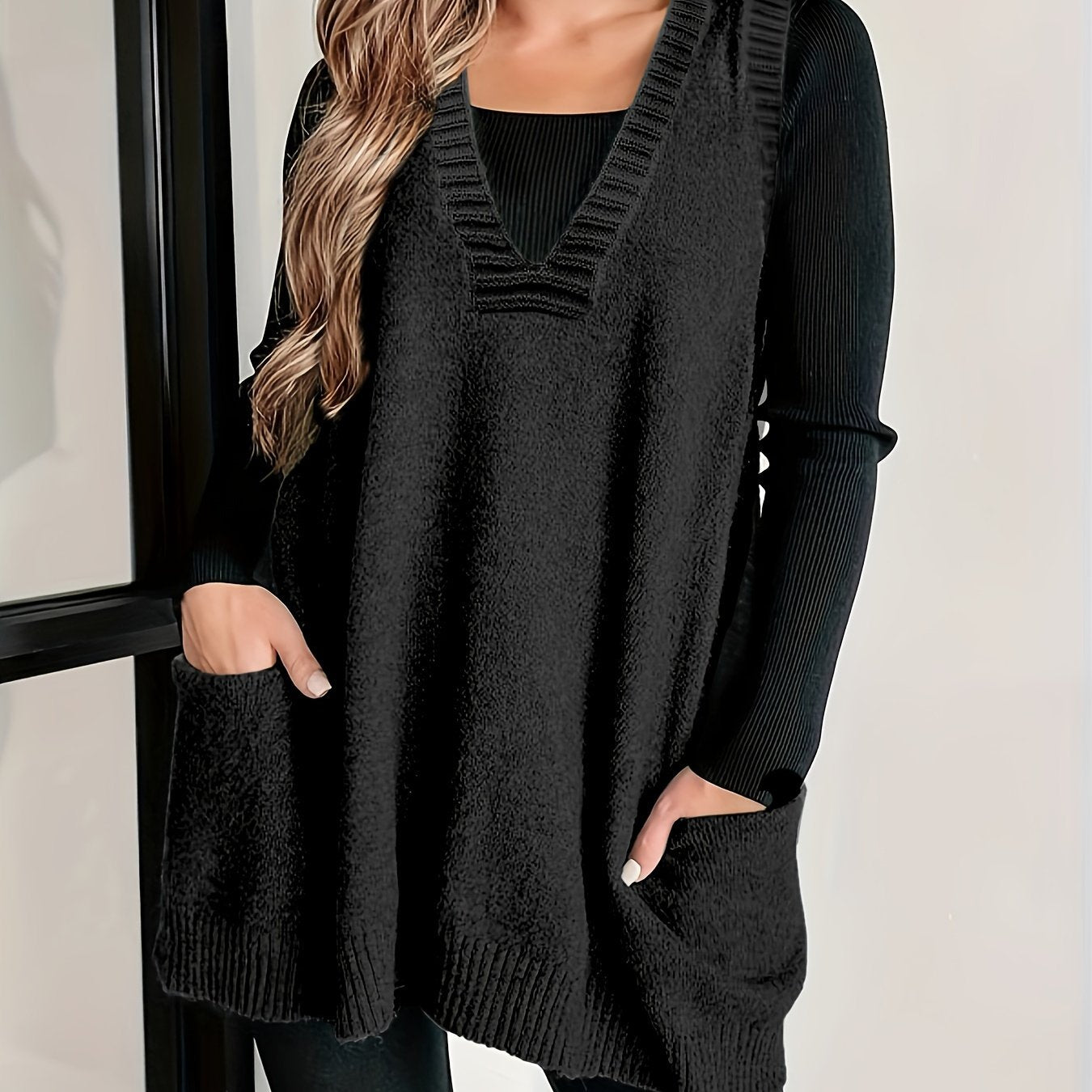 Plus Size Solid Knit Sweater Vest, Casual V Neck Sleeveless Sweater For Fall & Winter, Women's Plus Size Clothing